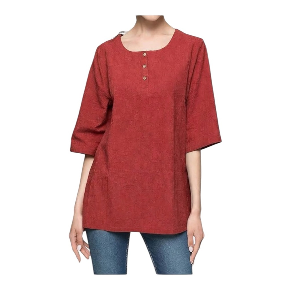 Minibee Plus Size XXL Red 3/4 Sleeve Cotton/Linen Jacquard MomCore Blouse XXL